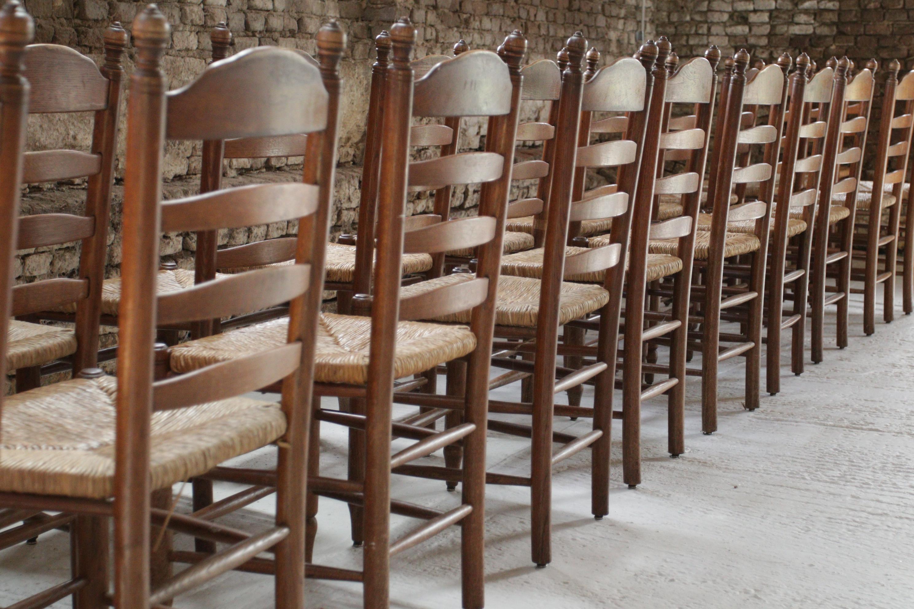Mid-20th Century  Old Rural Dutch Ladder Back Oak - Rush Seat Dining Chairs For Sale