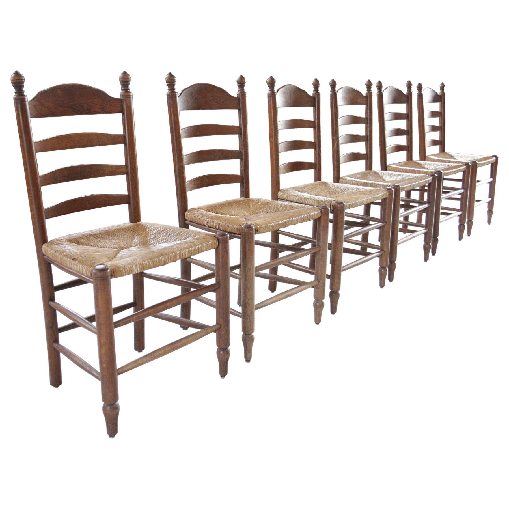 Chaises de salle à manger à dossier échelonné en chêne rural hollandais - siège en jonc