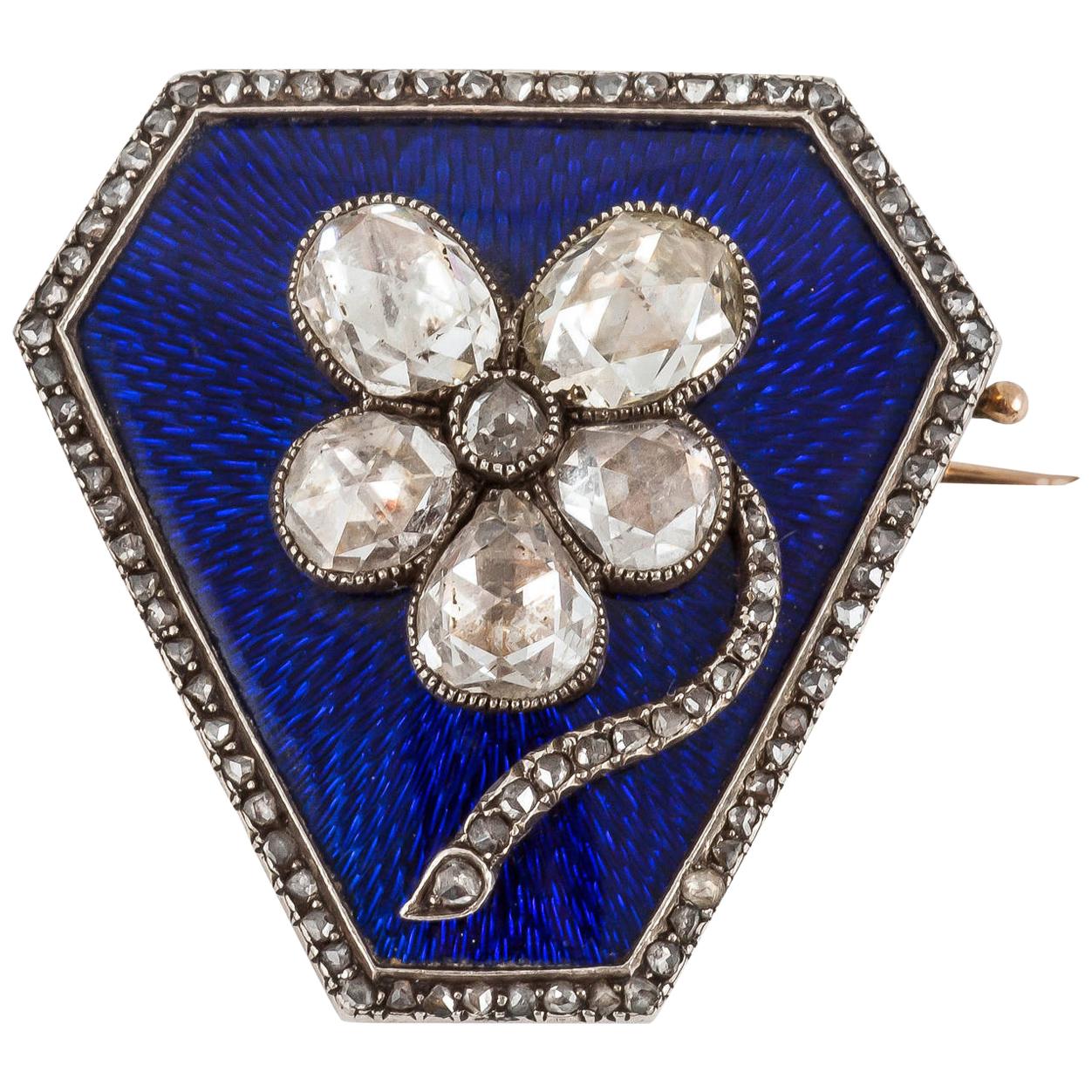 Pansy Brooch of Rose Cut Diamonds on Blue Enamel & Gold, Russian circa 1900 For Sale