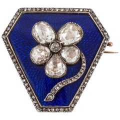 Antique Pansy Brooch of Rose Cut Diamonds on Blue Enamel & Gold, Russian circa 1900