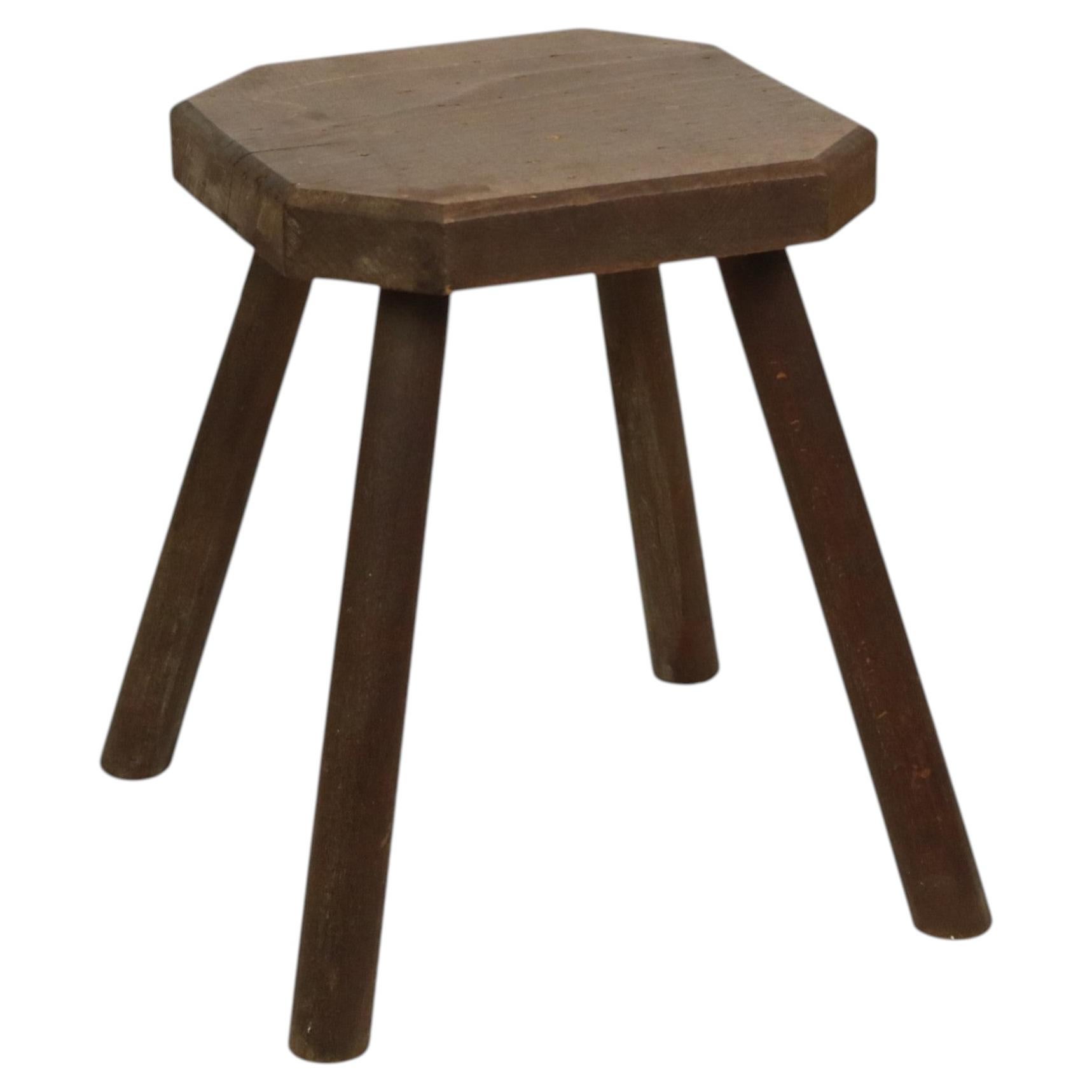 Old Rustic Solid Wood Stool Milk Stool Brutalist Style For Sale