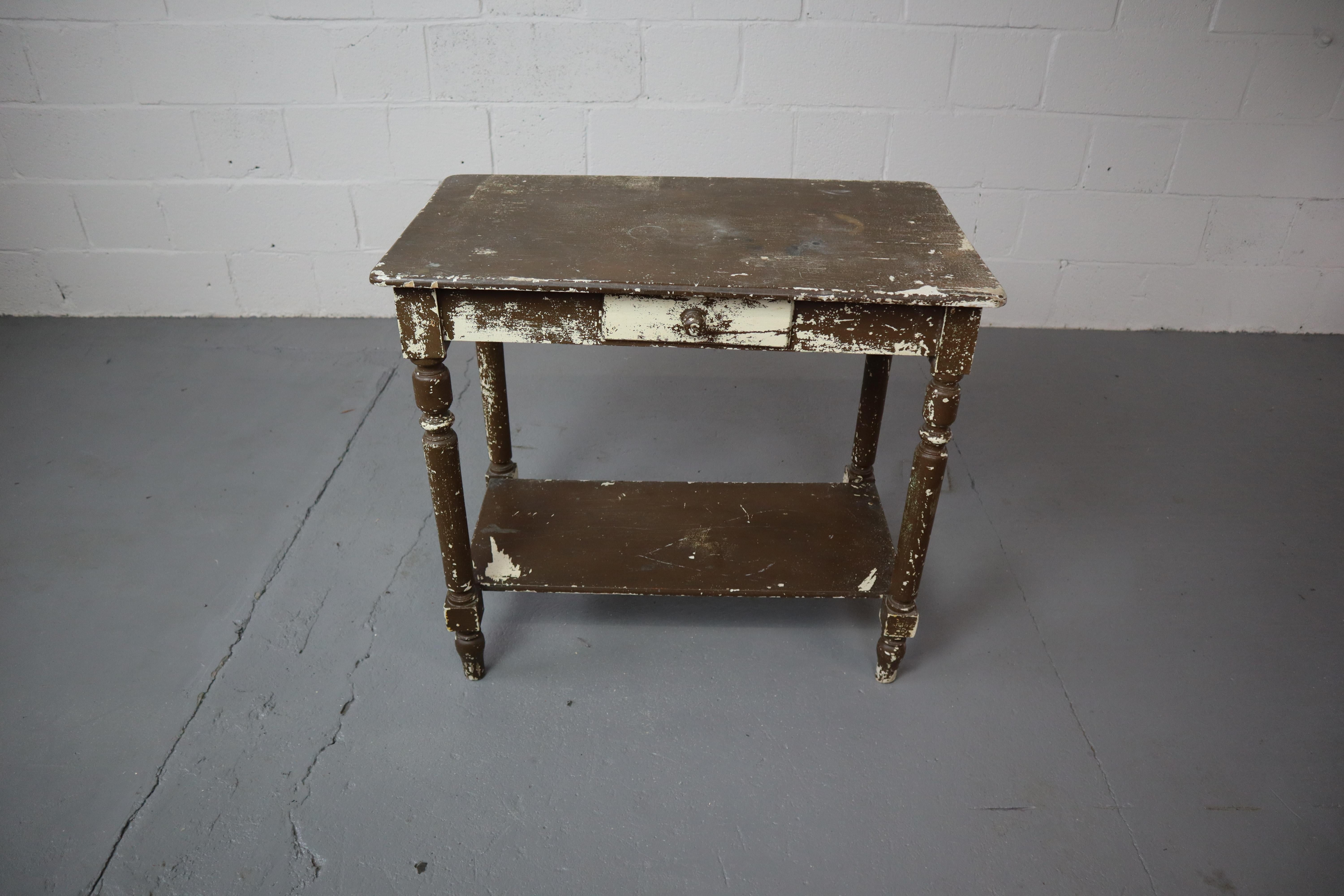 Belgian Old Rustic Weathered Side Table with Drawer