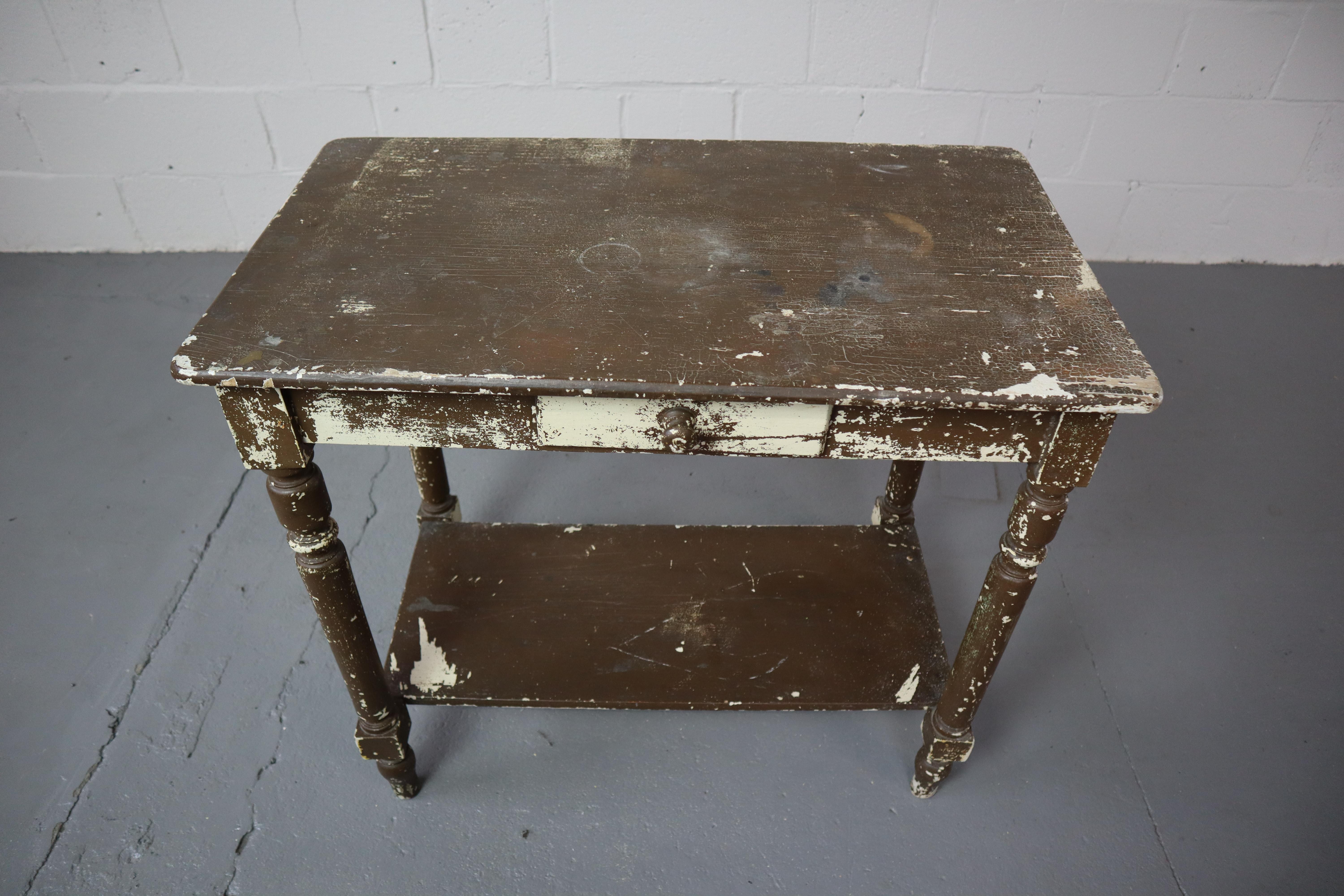 Painted Old Rustic Weathered Side Table with Drawer