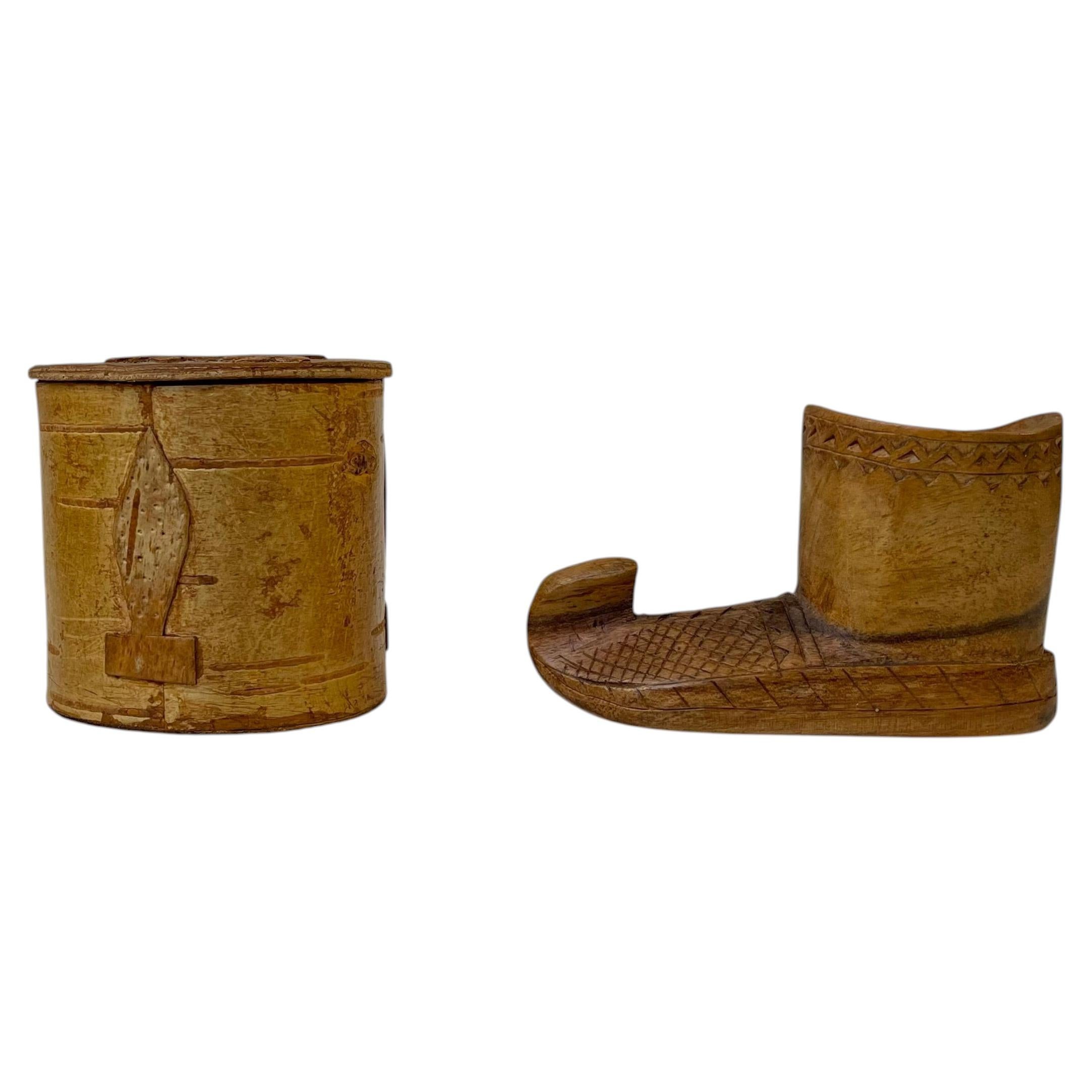 Old Sámi Carved Folk Art Birch Bark Canister & Wooden Boot