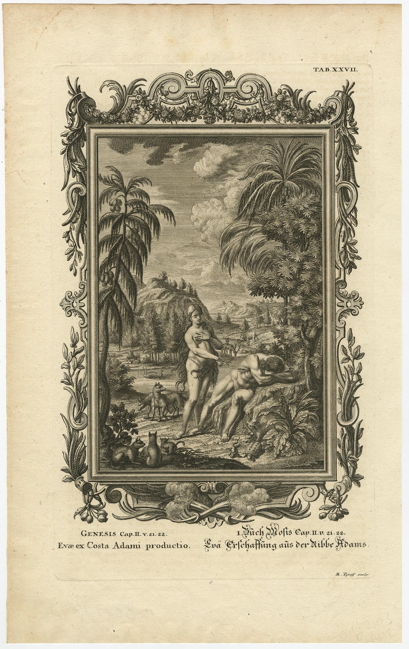 Antique print titled 'Evae ex Costa Adami productio (..). 

This original antique print shows a scene from Genesis in the Old Testament; Eve is made from Adam's rib. Originates from 'Physica Sacra' by Johann Jakob Scheuchzer. Scheuchzer believed