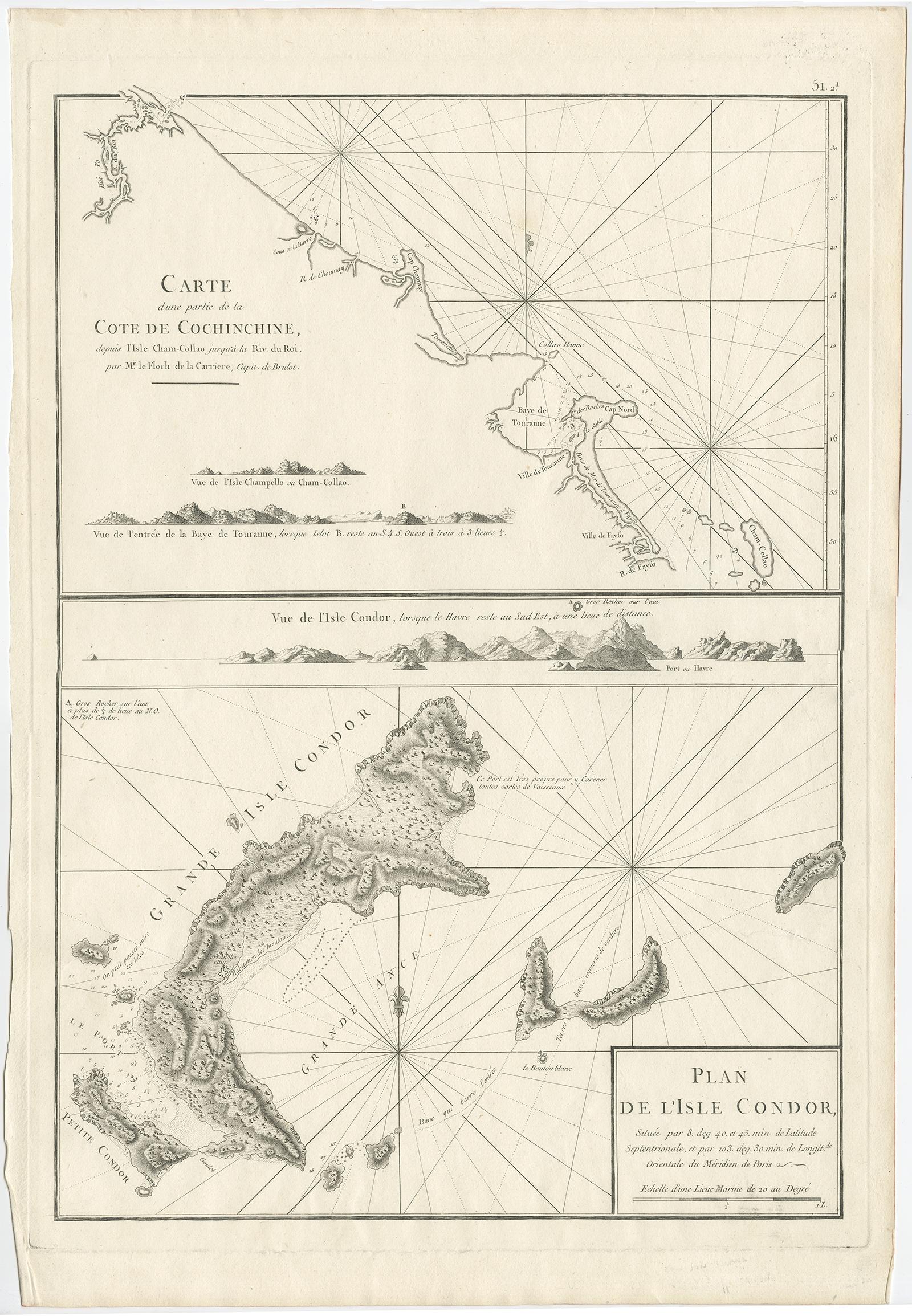 Description: Two maps on one sheet titled 'Carte d'une partie de la Cote de Cochinchine [and] Plan de l'Isle Condor'. 

Sea charts of the coast of Vietnam around the Tourane Bay and the Con Dao Islands (Pulo Condor). Originates from 'Neptune