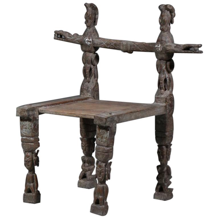 Old Chair from Ivory Coast or Benin Ethnic Design Carved Wood For Sale