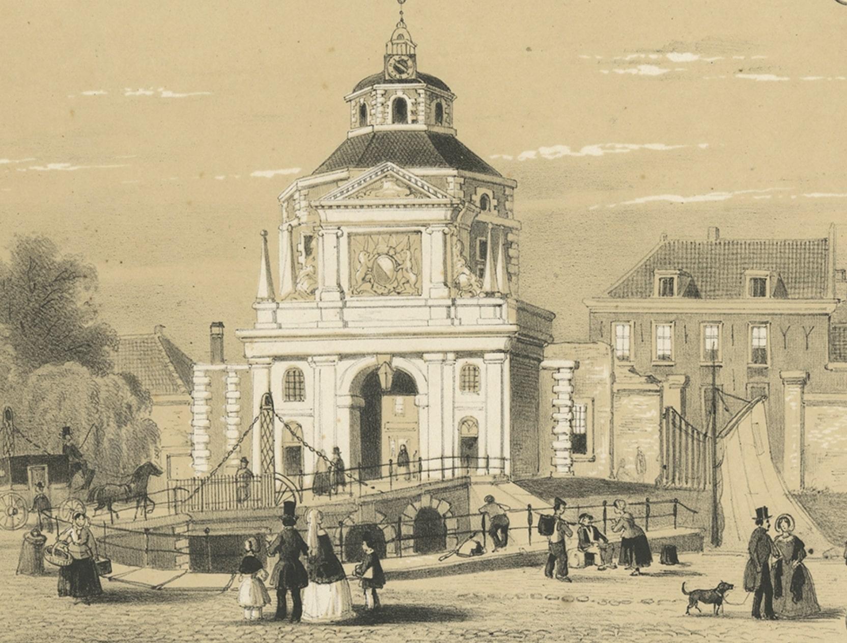 Antigua estampa en sepia del Wittevrouwenpoort de Utrecht, Países Bajos, c.1860 Papel en venta