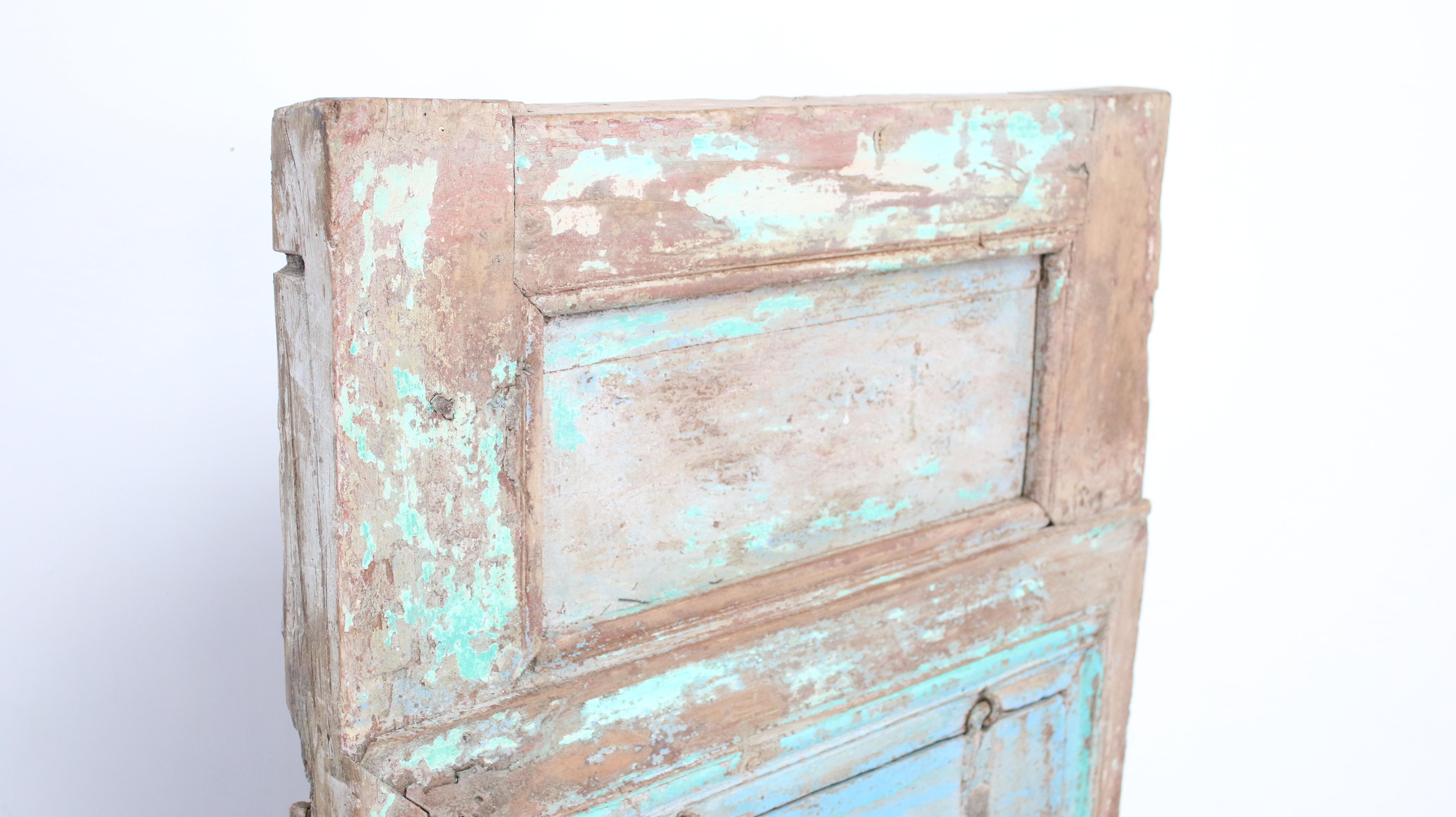An unusual item, pastel coloured reclaimed internal hatchway or distressed vintage door. It could be used as an old set of rustic painted oak salvaged backdrop interior pieces. Perfect for adding vintage appeal to any room. Lovely distressed and