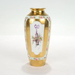 Old Sevres Type Gilt Porcelain Vase with Hand Painted Flower Baskets & Ribbons