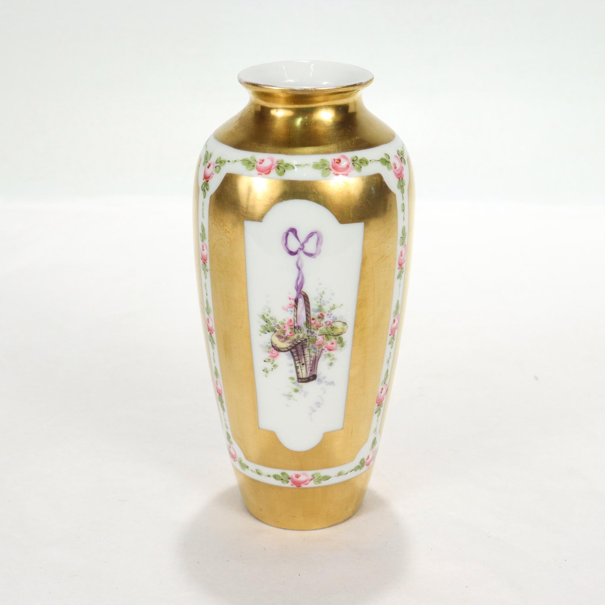 20th Century Old Sevres Type Gilt Porcelain Vase with Hand Painted Flower Baskets & Ribbons For Sale