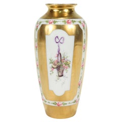 Old Sevres Type Gilt Porcelain Vase with Hand Painted Flower Baskets & Ribbons