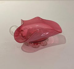Old Shaped Cranberry Glass Ribbed Dish  with Handle from England