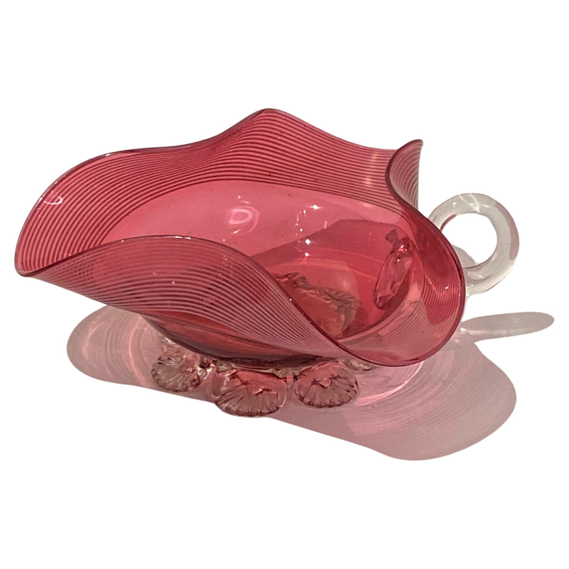 Old Shaped Cranberry Glass Ribbed Dish  with Handle from England