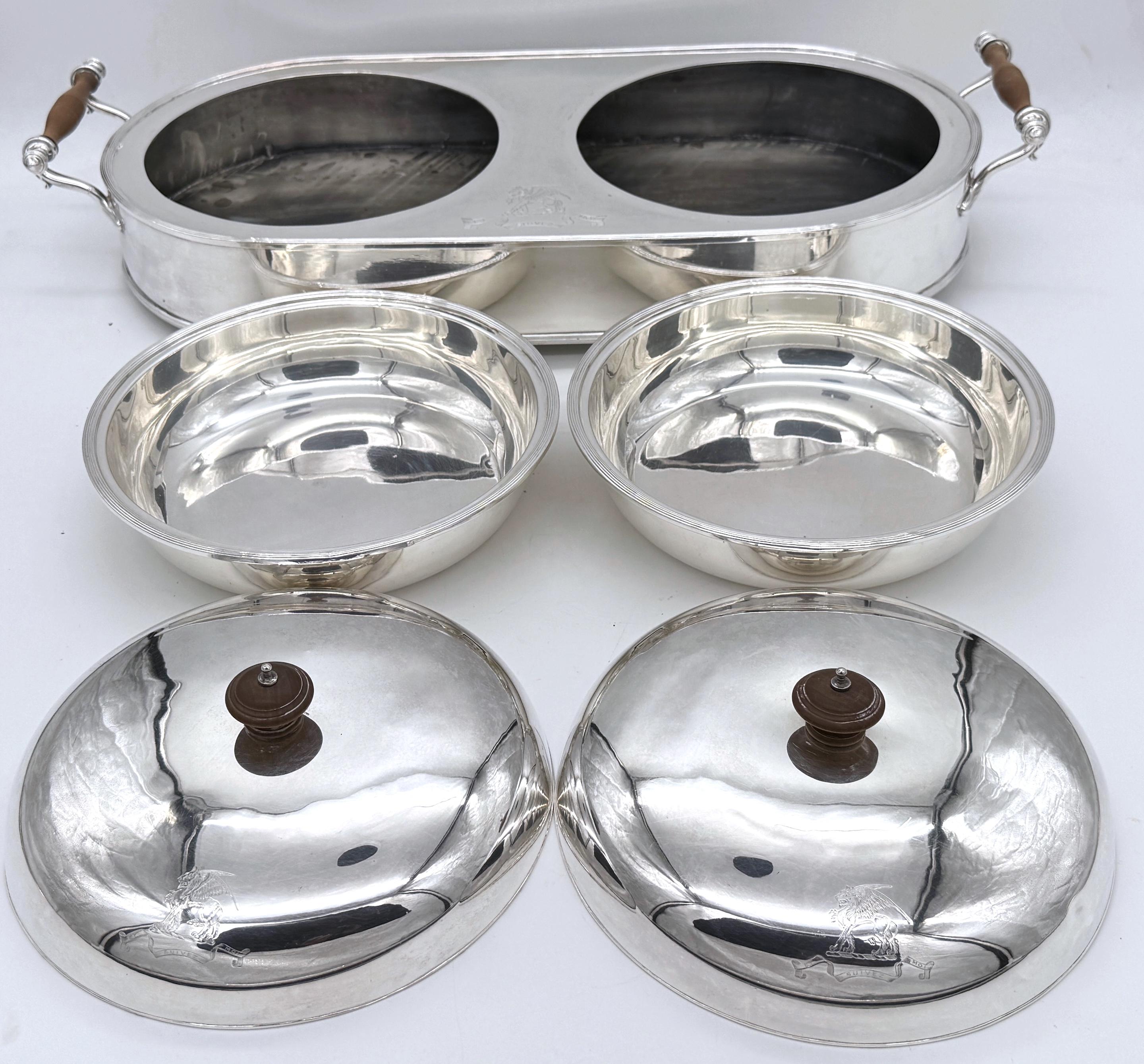 Old Sheffield Plate Double Warming Server, Armorial Crest of 'Et Suivez Moi' 3