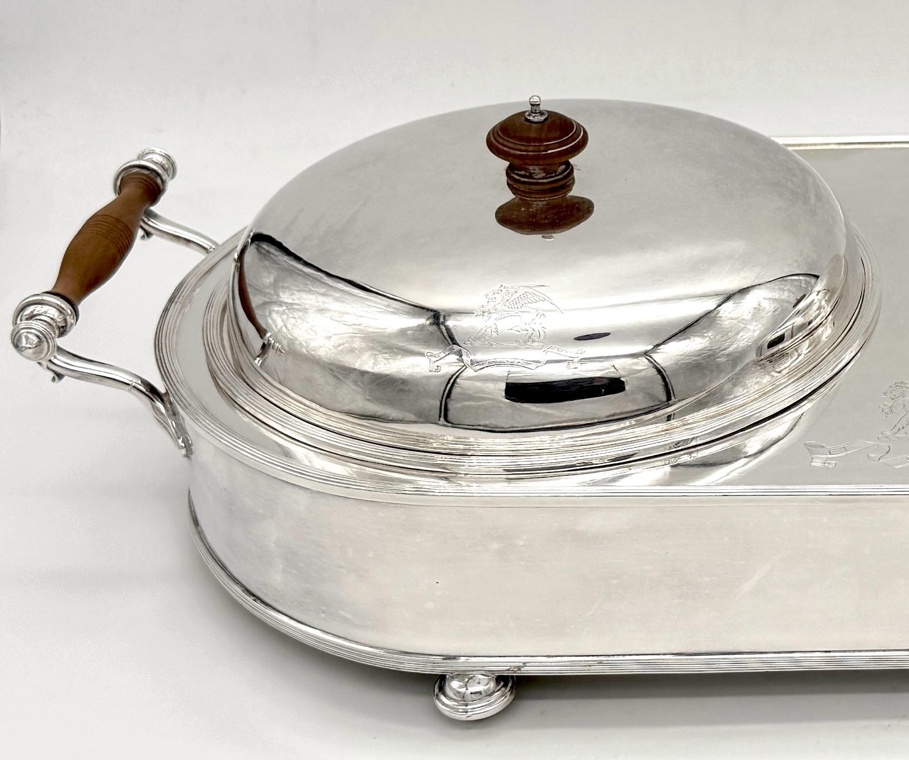 Old Sheffield Plate Double Warming Server, Armorial Crest of 'Et Suivez Moi' 6