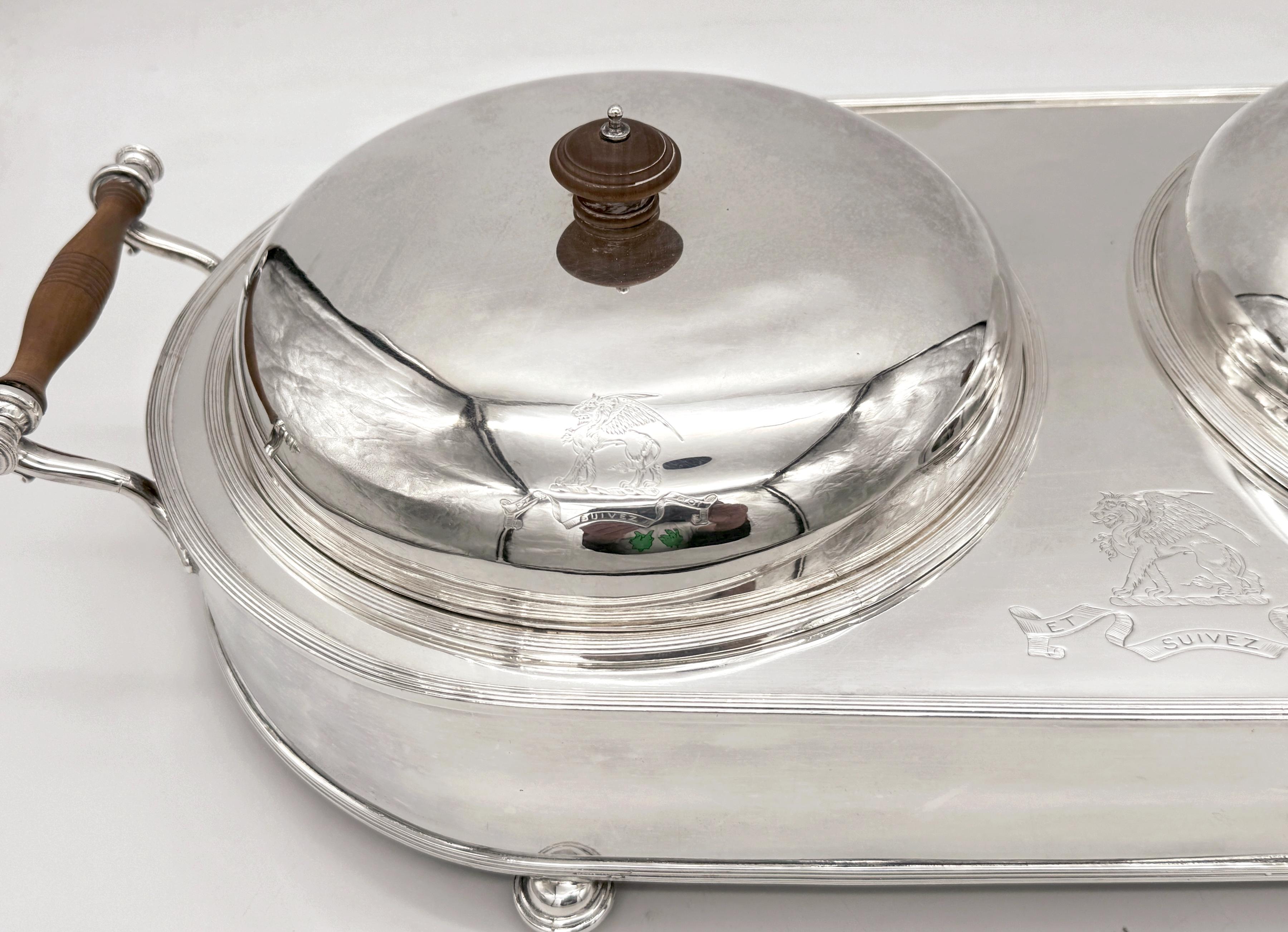 Georgian Old Sheffield Plate Double Warming Server, Armorial Crest of 'Et Suivez Moi'