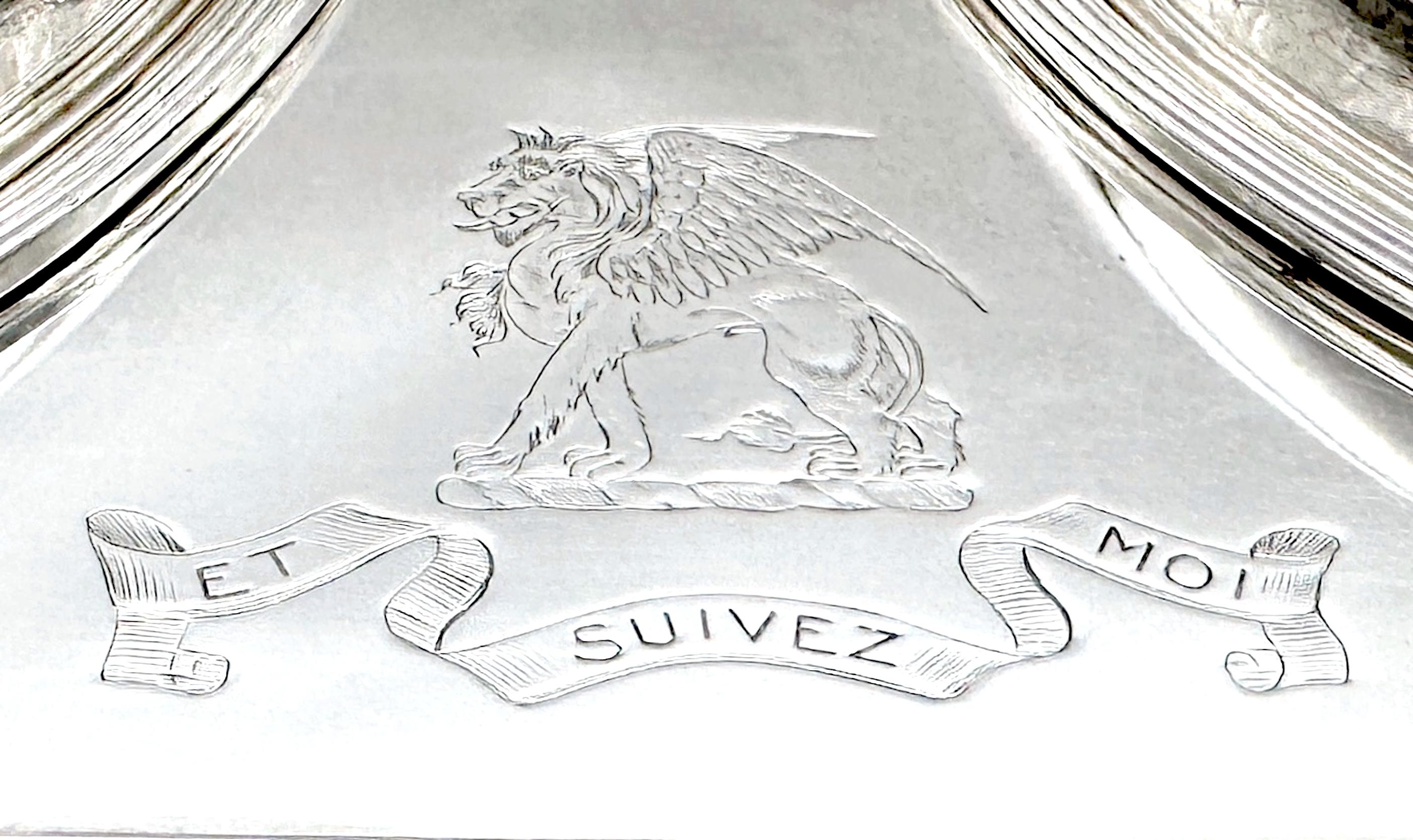 English Old Sheffield Plate Double Warming Server, Armorial Crest of 'Et Suivez Moi'