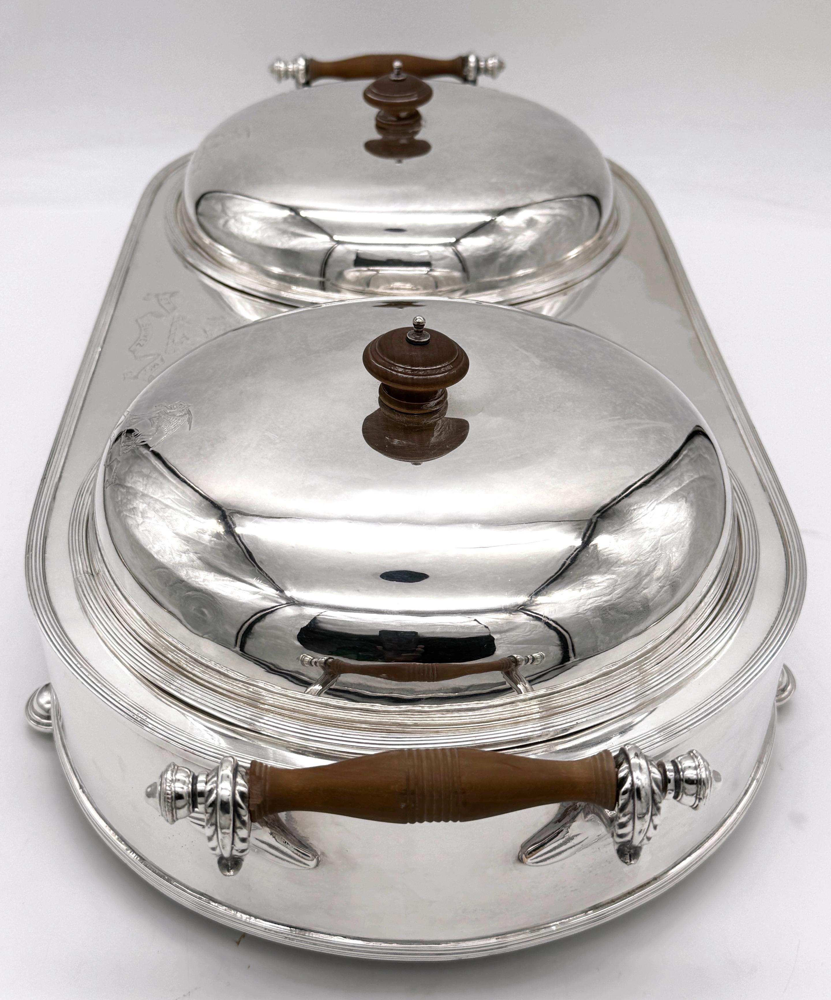 Turned Old Sheffield Plate Double Warming Server, Armorial Crest of 'Et Suivez Moi'