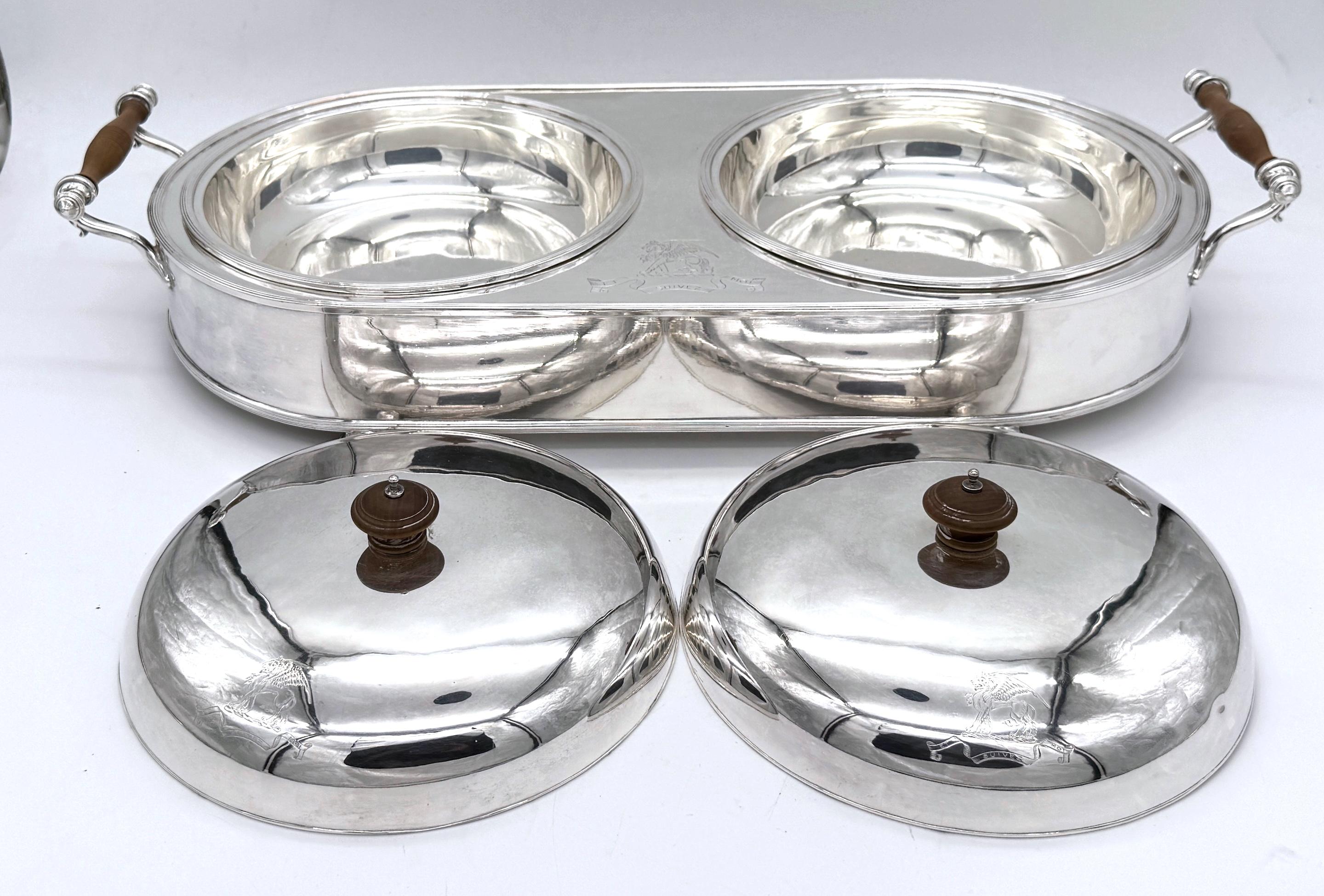 Old Sheffield Plate Double Warming Server, Armorial Crest of 'Et Suivez Moi' 1