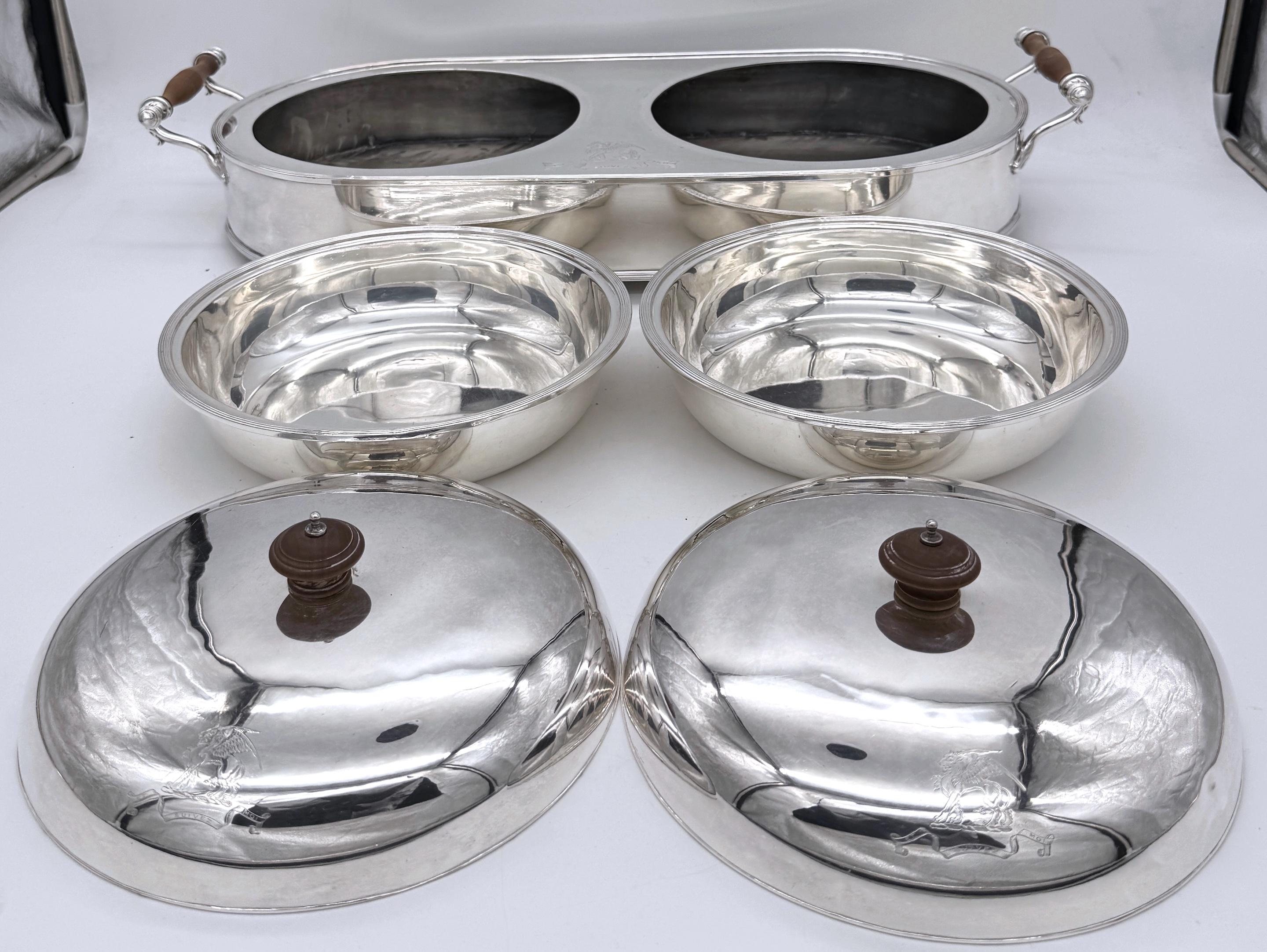 Old Sheffield Plate Double Warming Server, Armorial Crest of 'Et Suivez Moi' 2