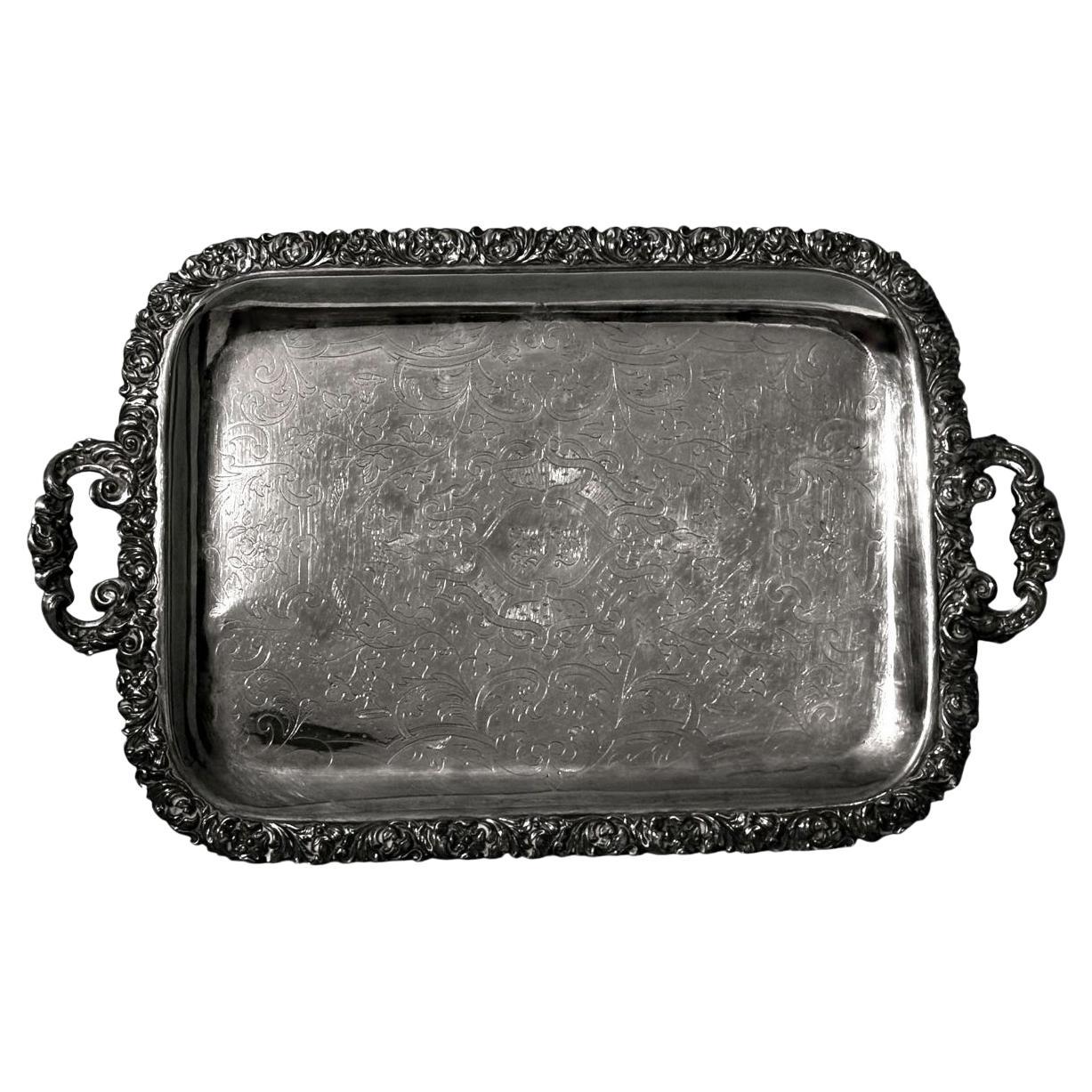 Old Sheffield Plate English Tray Early Victorian, Handles, Engraved, Hallmarked
