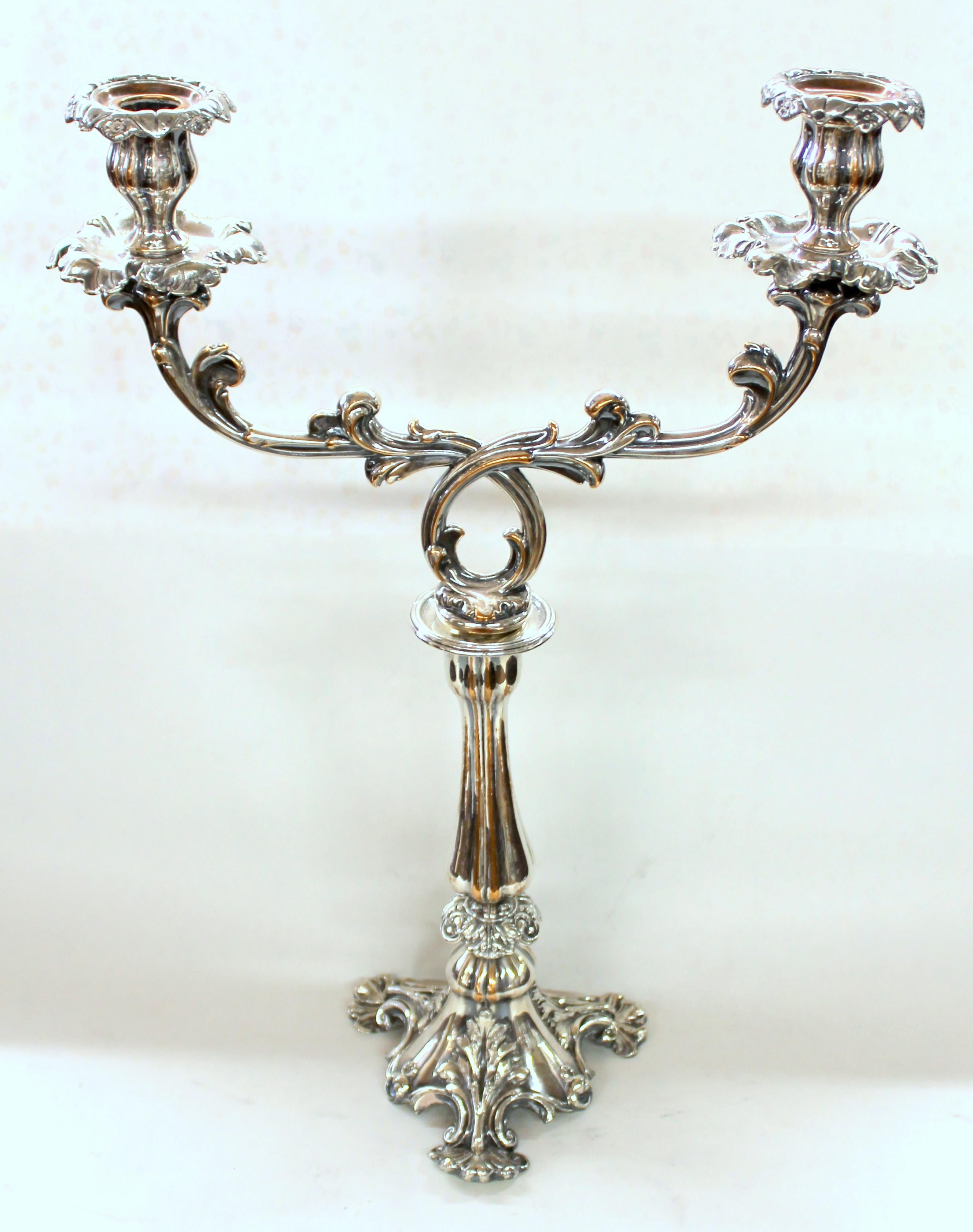 Fabulous quality old Sheffield plate George IV Rococo style two-light candelabrum on a magnificent acanthus leaf Trefoil Foot. Also included is an original bill of sale when it was purchased in London in 1924 - obviously not the first time it was