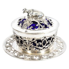 Old Sheffield Silver Plated and Bristol Blue Glass Butter Dish, 19th Century