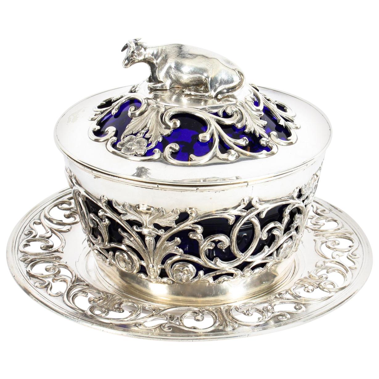 Old Sheffield Silver Plated and Bristol Blue Glass Butter Dish, 19th
