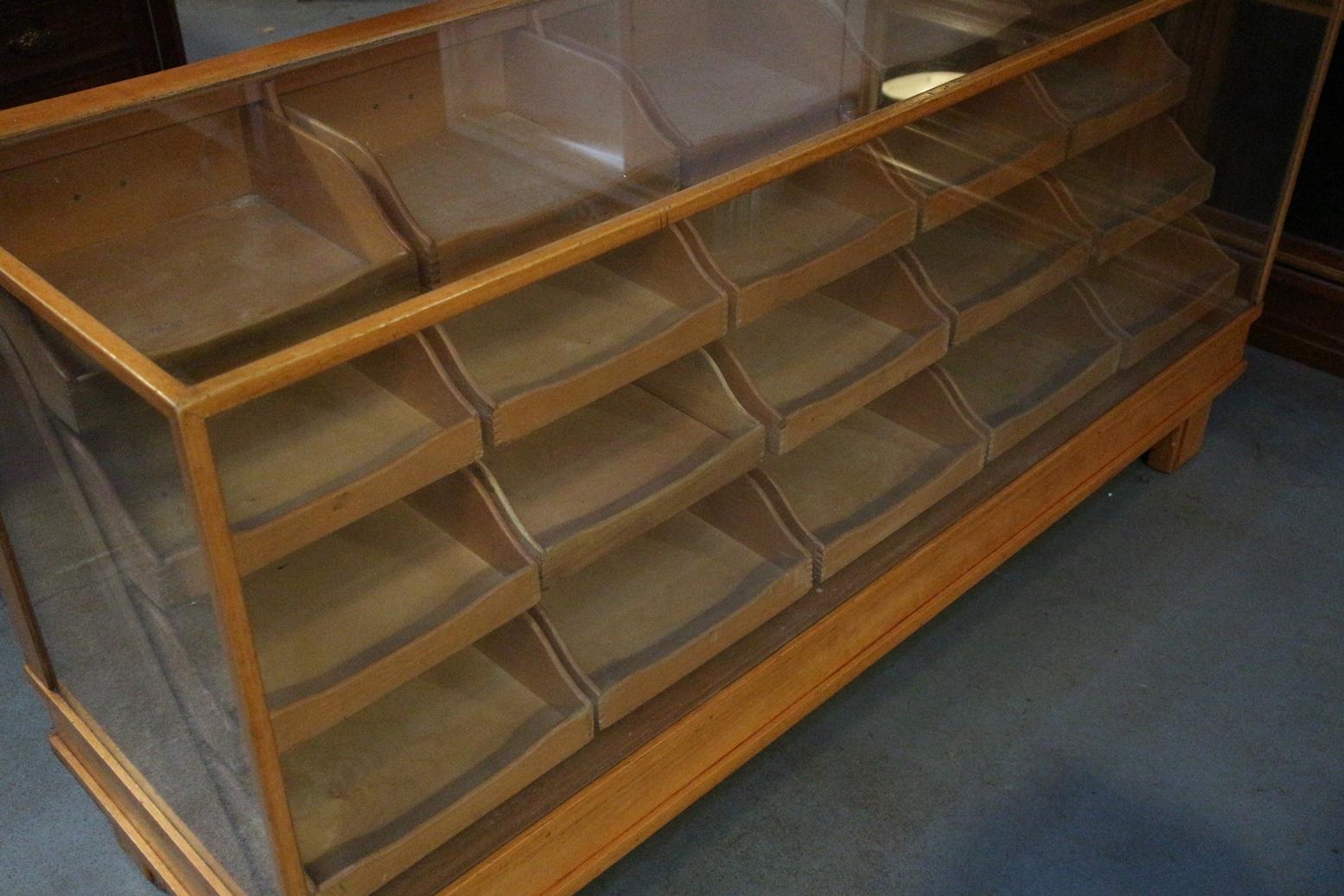 Beech Old Shop Counter Display Case with 20 Drawers