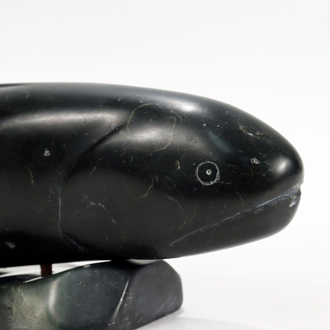Old Signed Carved Inuit Sculpture of a Salmon Fish Attributed to Simon Pov For Sale 1
