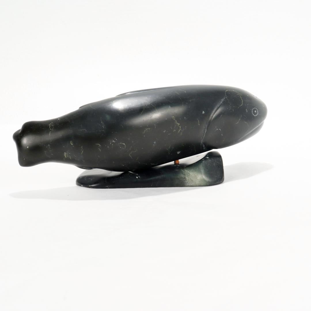 Primitive Old Signed Carved Inuit Sculpture of a Salmon Fish Attributed to Simon Pov