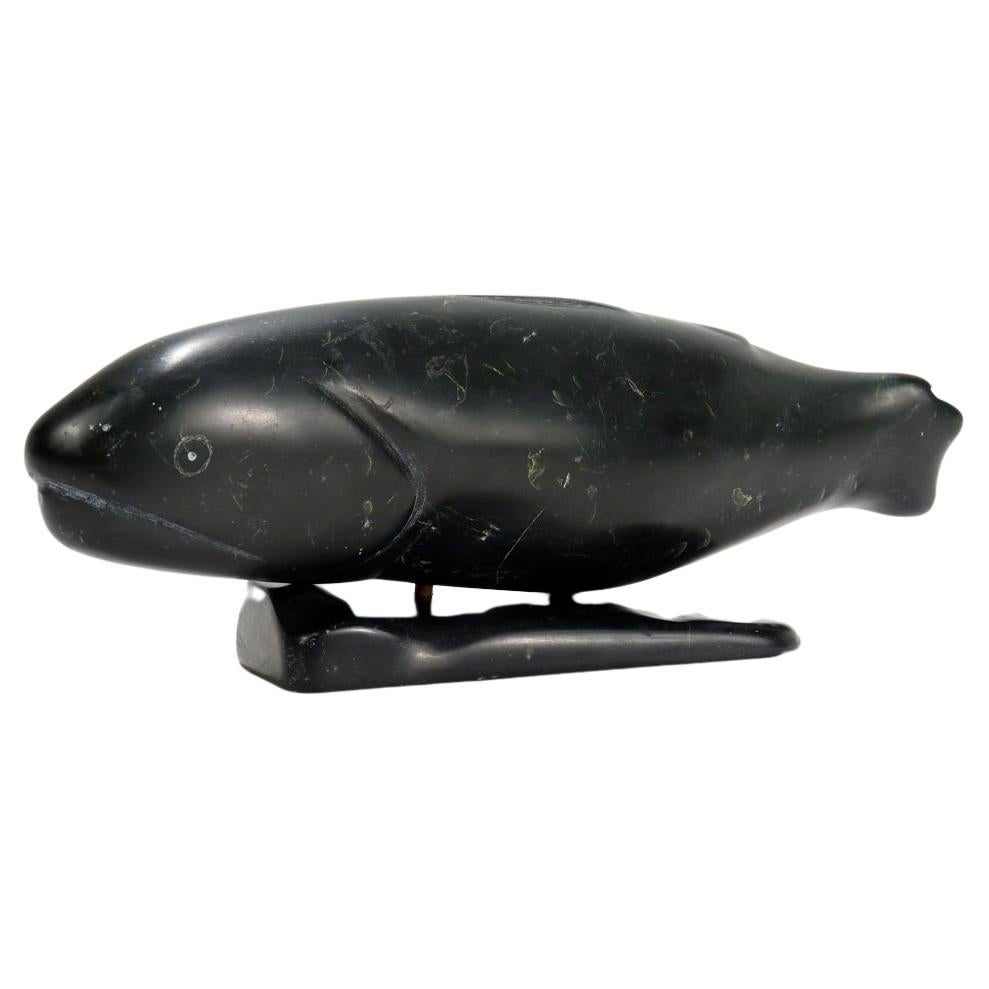 Old Signed Carved Inuit Sculpture of a Salmon Fish Attributed to Simon Pov For Sale