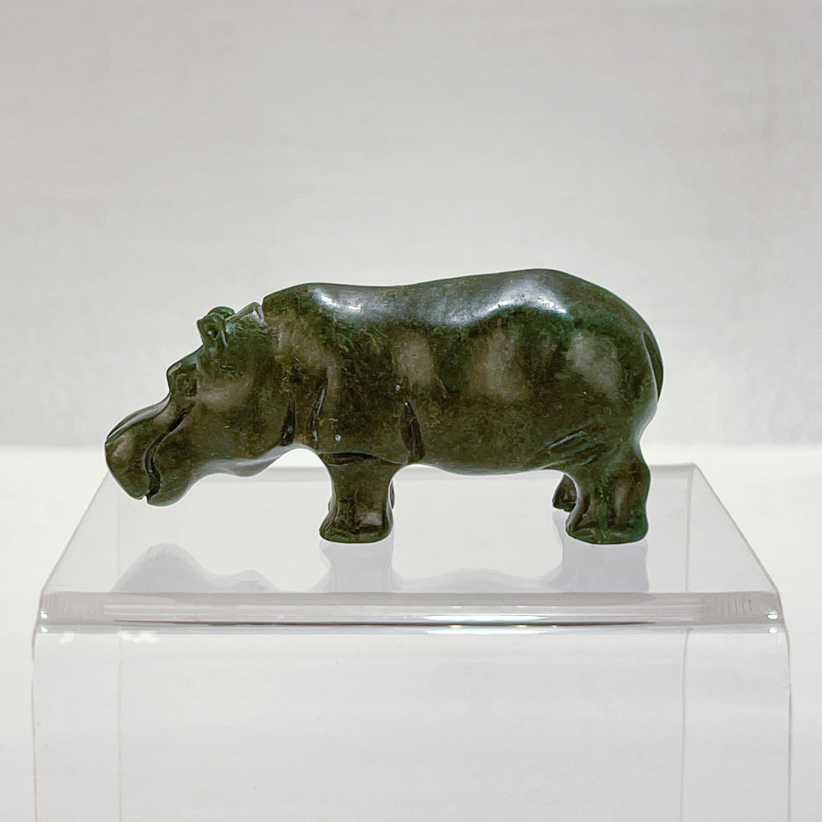 Russian Empire Old Signed Carved Nephrite Jade German / Russian Hippopotamus Figure For Sale