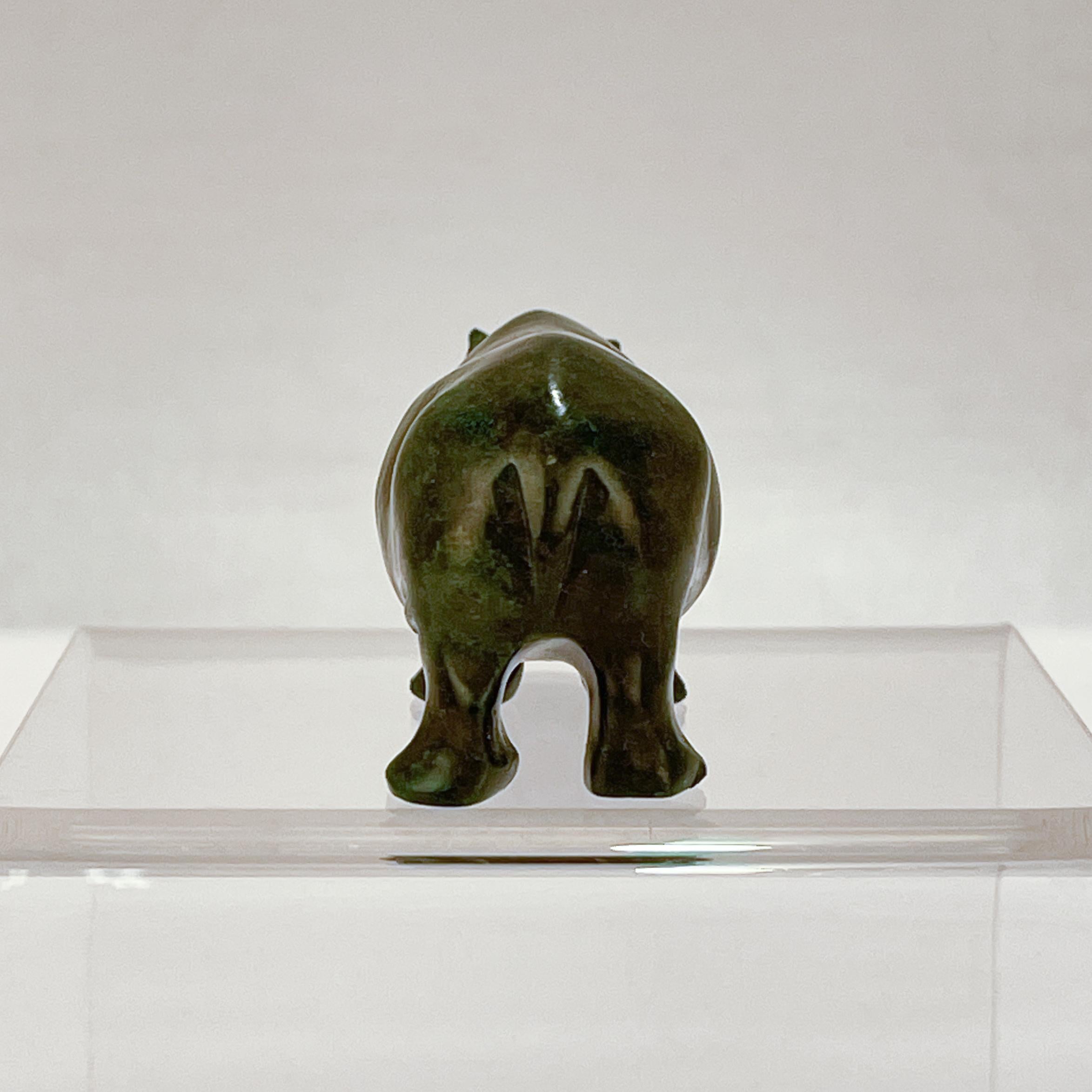 Mixed Cut Old Signed Carved Nephrite Jade German / Russian Hippopotamus Figure For Sale