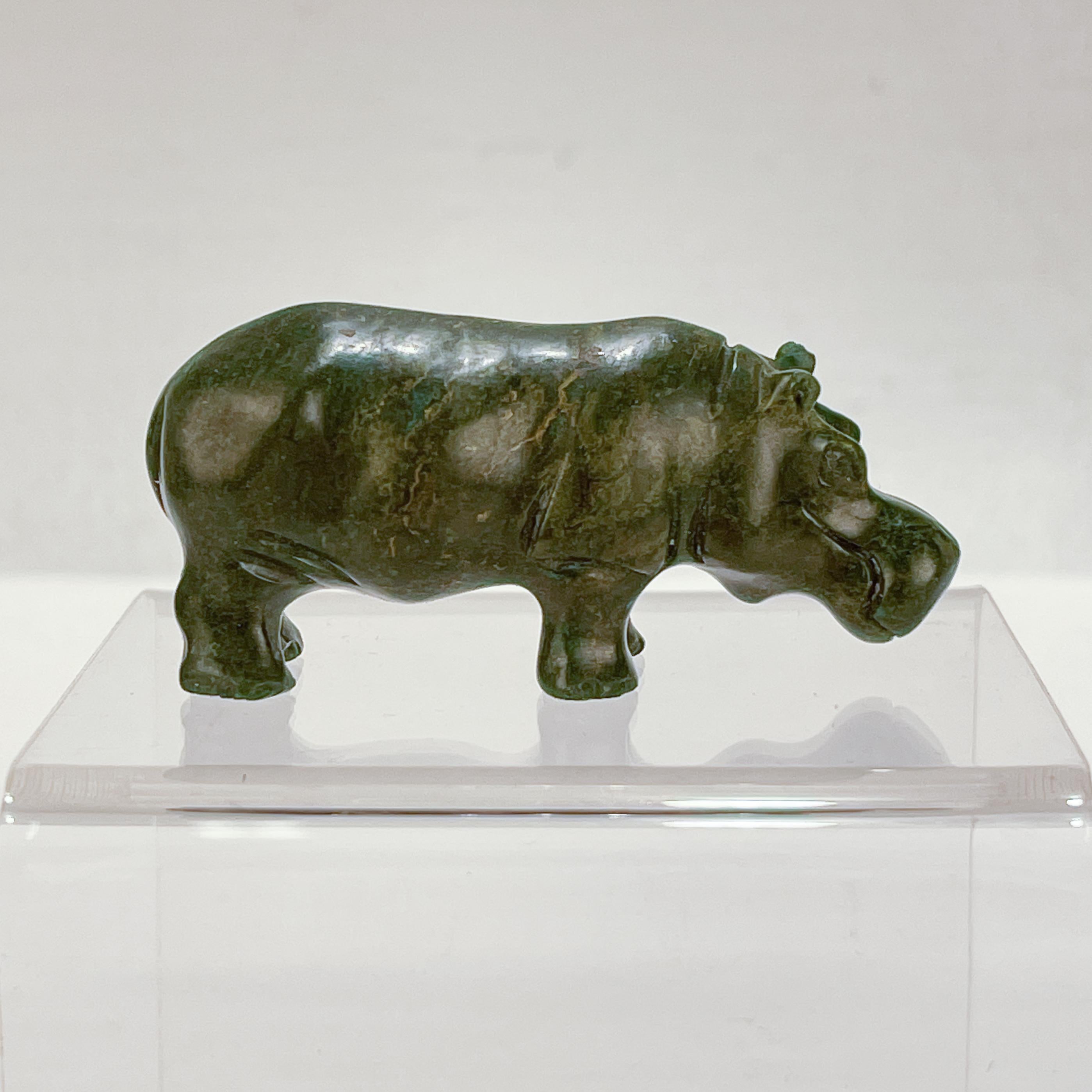 Old Signed Carved Nephrite Jade German / Russian Hippopotamus Figure In Good Condition For Sale In Philadelphia, PA