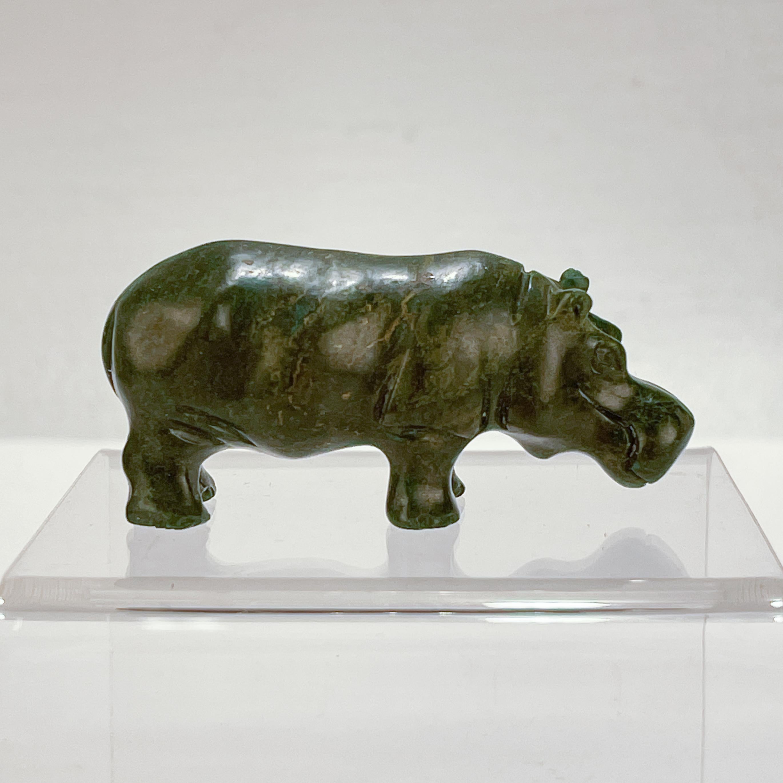 Women's or Men's Old Signed Carved Nephrite Jade German / Russian Hippopotamus Figure For Sale