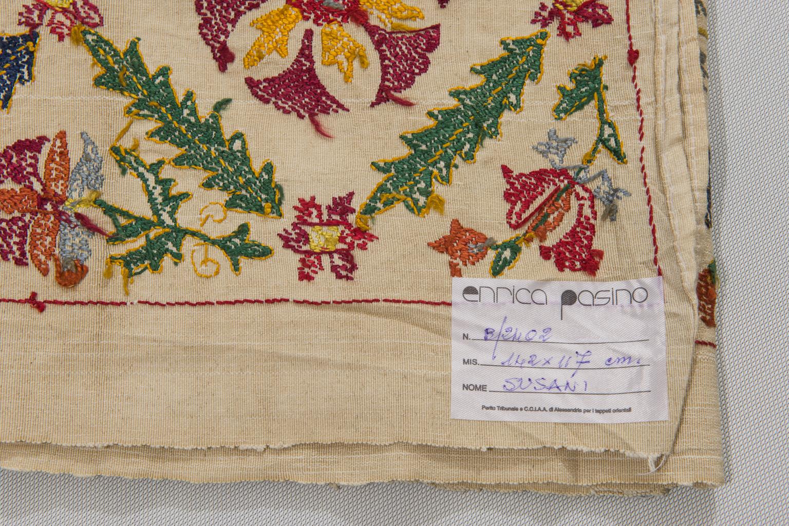Very refined SUSANI in pure silk, completely embroidered. Prepared by a Turkoman girl for her wedding trousseau as wall decoration in her future home. Unique piece. B/2402.


 