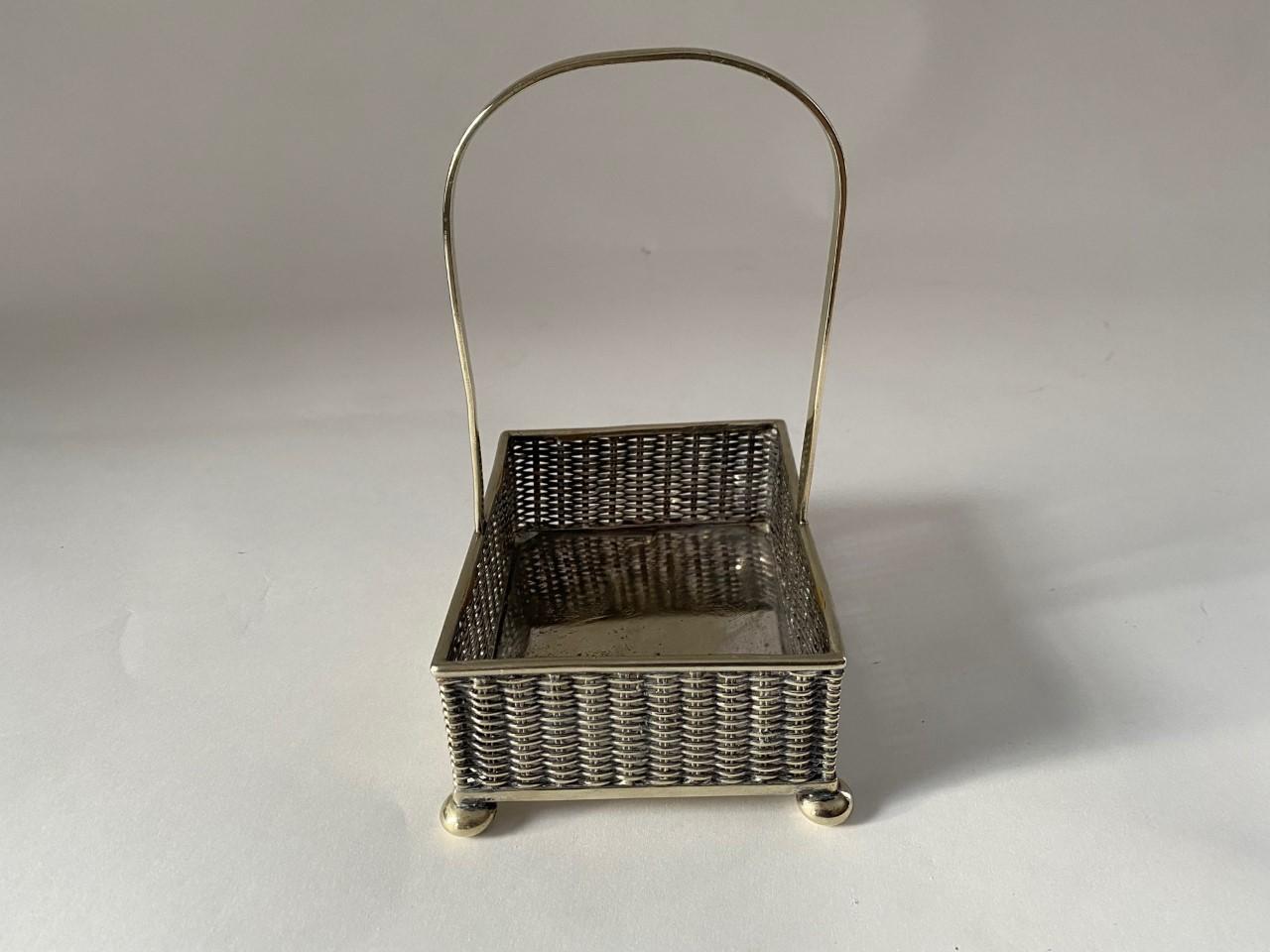 Woven Old Silver Plate Small Basket with Handle  For Sale