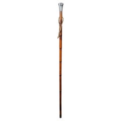 Antique Old Silver Walking Stick with Bamboo 1890 with Leather Handle