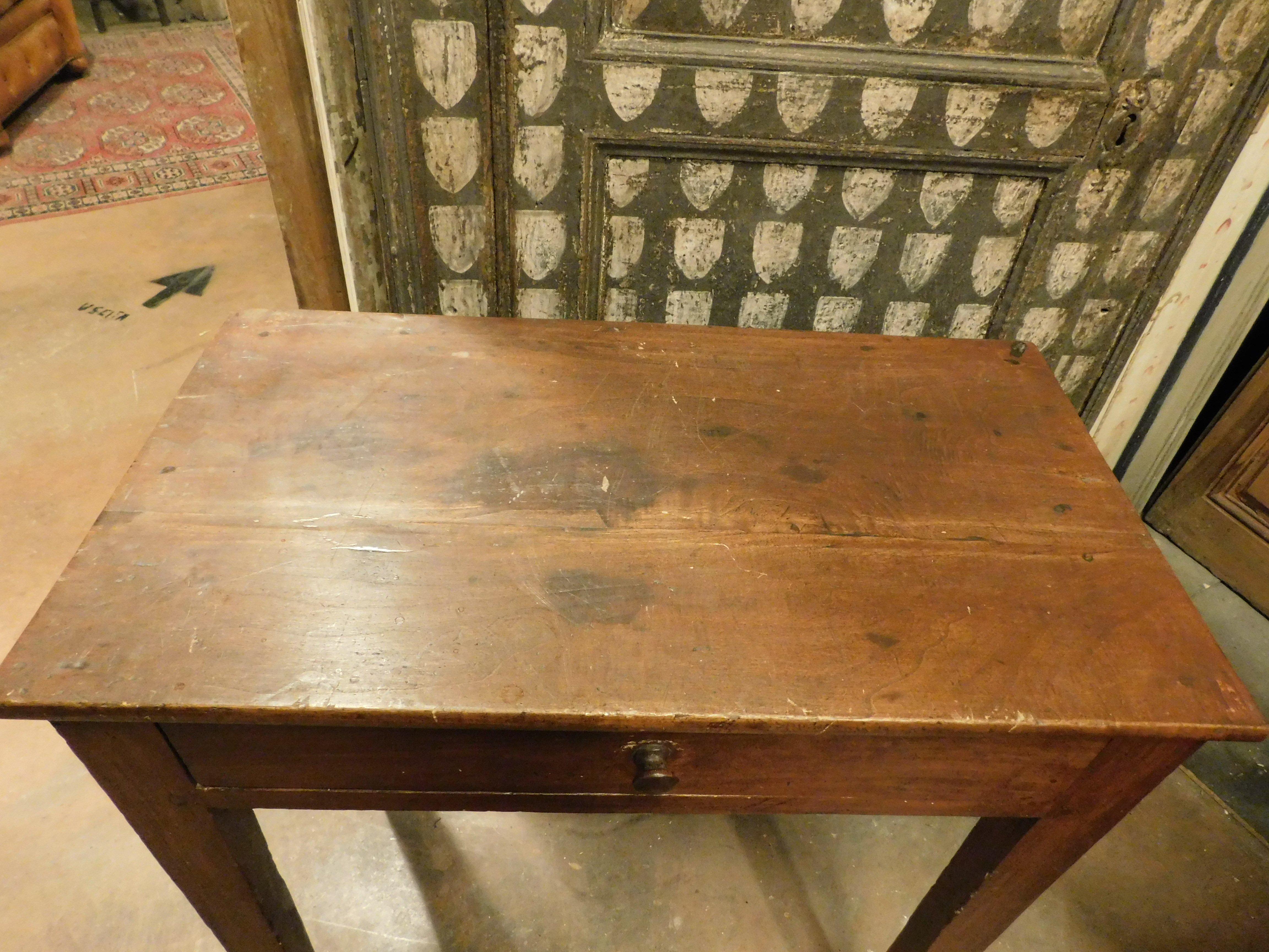 Hand-Crafted old small writing table in walnut with drawer, Italy For Sale