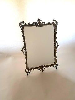 Old Solid Brass Rococo Standing Table Mirror