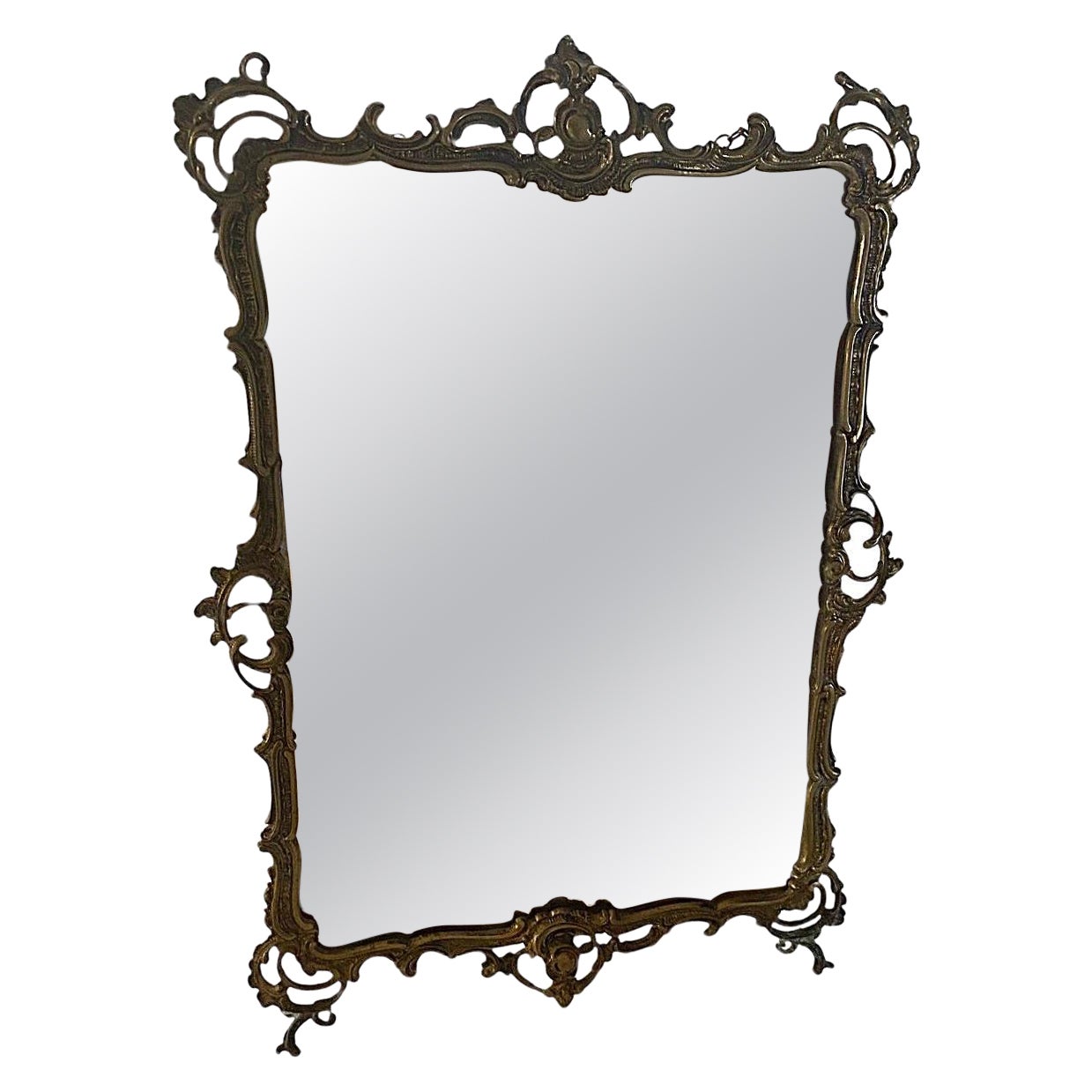 Old Solid Brass Rococo Standing Table Mirror