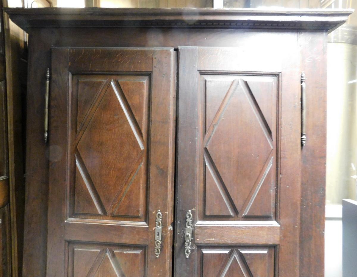 Italian Old Solid Oak Wood Wardrobe with Lozenge Shaped Tiles, 18th Century Italy For Sale