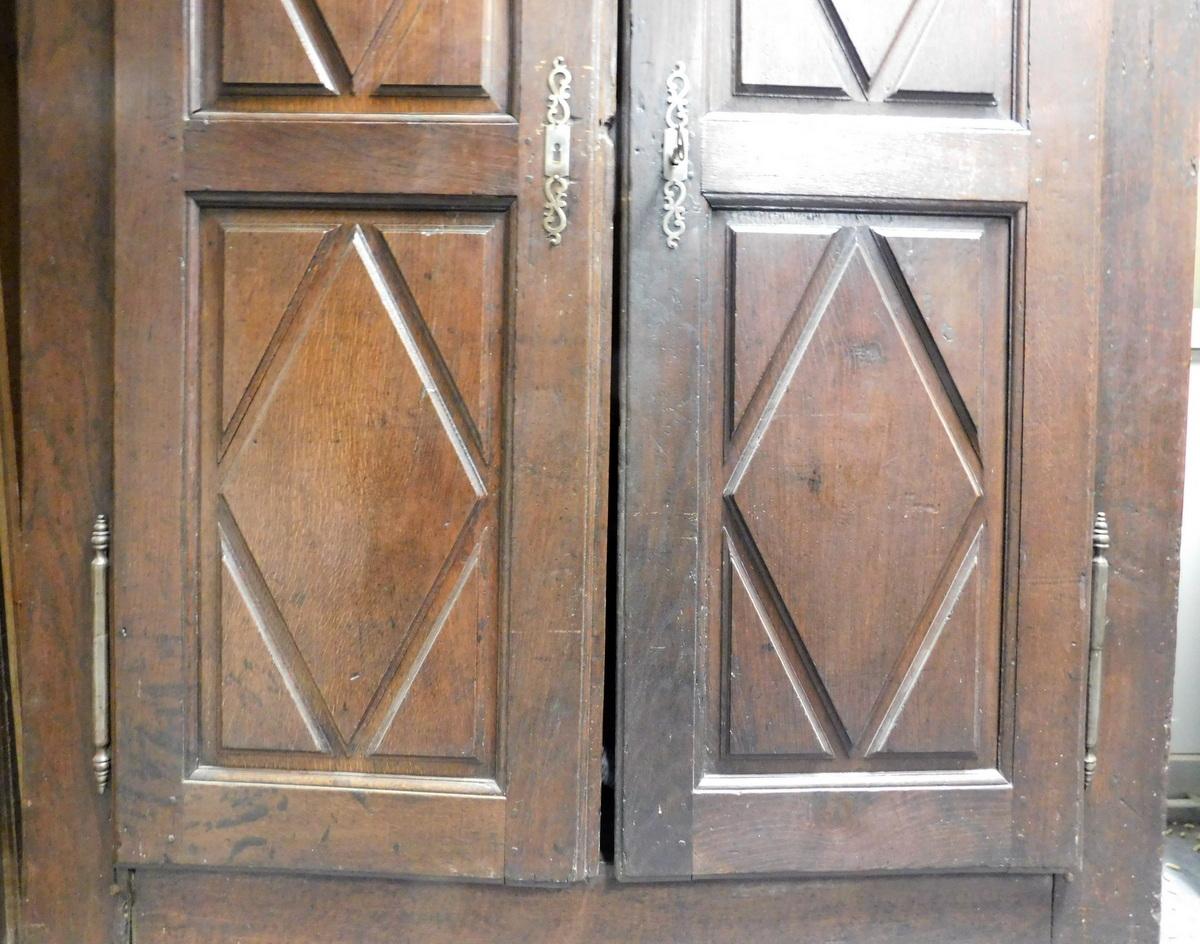 Hand-Carved Old Solid Oak Wood Wardrobe with Lozenge Shaped Tiles, 18th Century Italy For Sale
