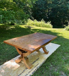 Old Solid Teak Refectory Trestle Table with Impressive Scrolled End Supports
