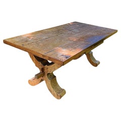 Old Solid Teak Refectory Trestle Table with Impressive Scrolled End Supports