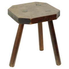 Antiguo trípode de madera maciza para taburete de leche 40cm