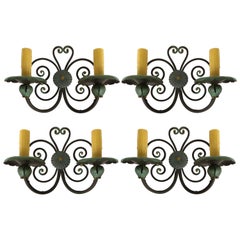 Old Spanish Mizner Style Wrought Iron Sconces, Patinated Set of Four