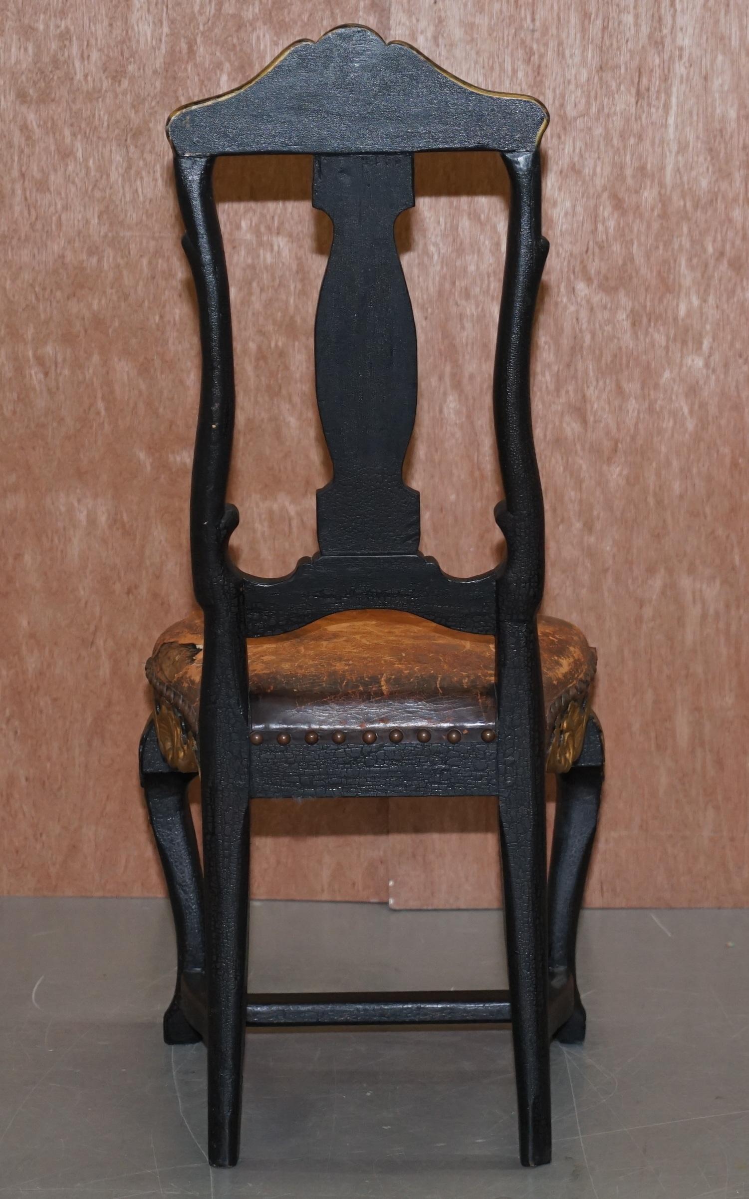 Old Spanish Throne Occasional High Back Chair Period Distressed Paint & Leather For Sale 5